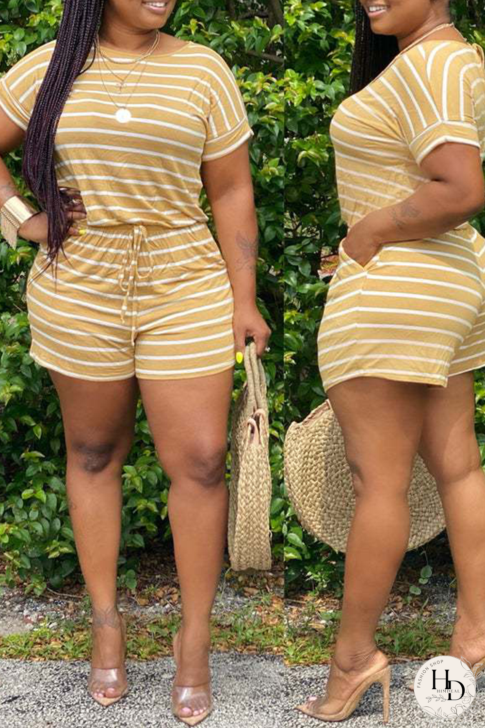 Yellow Casual Striped Split Joint O Neck Regular Jumpsuits