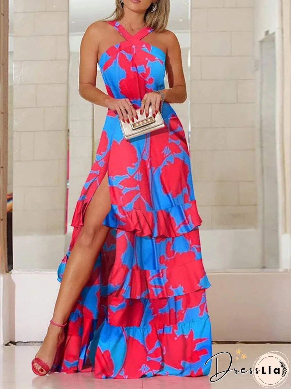 Women'S Dresses Halter Print Sleeveless Ruffle Slit Dress