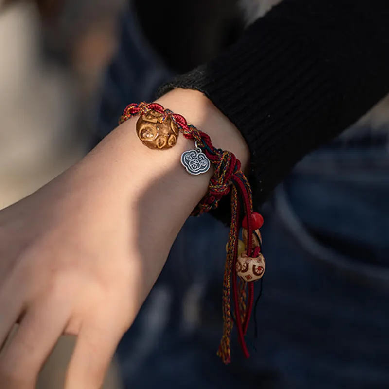 Tibetan Thread 925 Sterling Silver Koi Fish Protection Strength String Bracelet