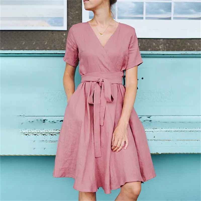 Rotimia Solid Color Short Sleeves Bow Belt Cotton Dress