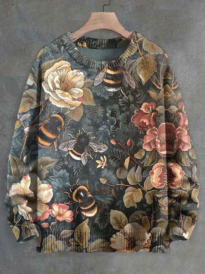 Men's Nature Art Bees Floral All Over Print Knit Sweatshirt