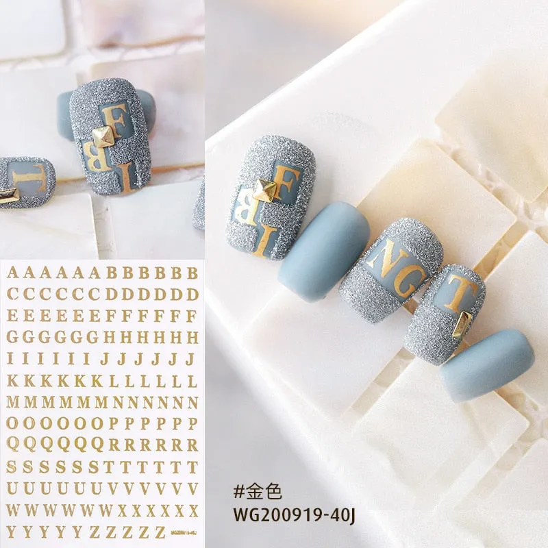 26 Alphabets Nail Sticker Decals Foil DIY Manicure Adhesive Polish Golden Silver 3D Design Letter Nail Decal Art Decorations-Nail Inspo