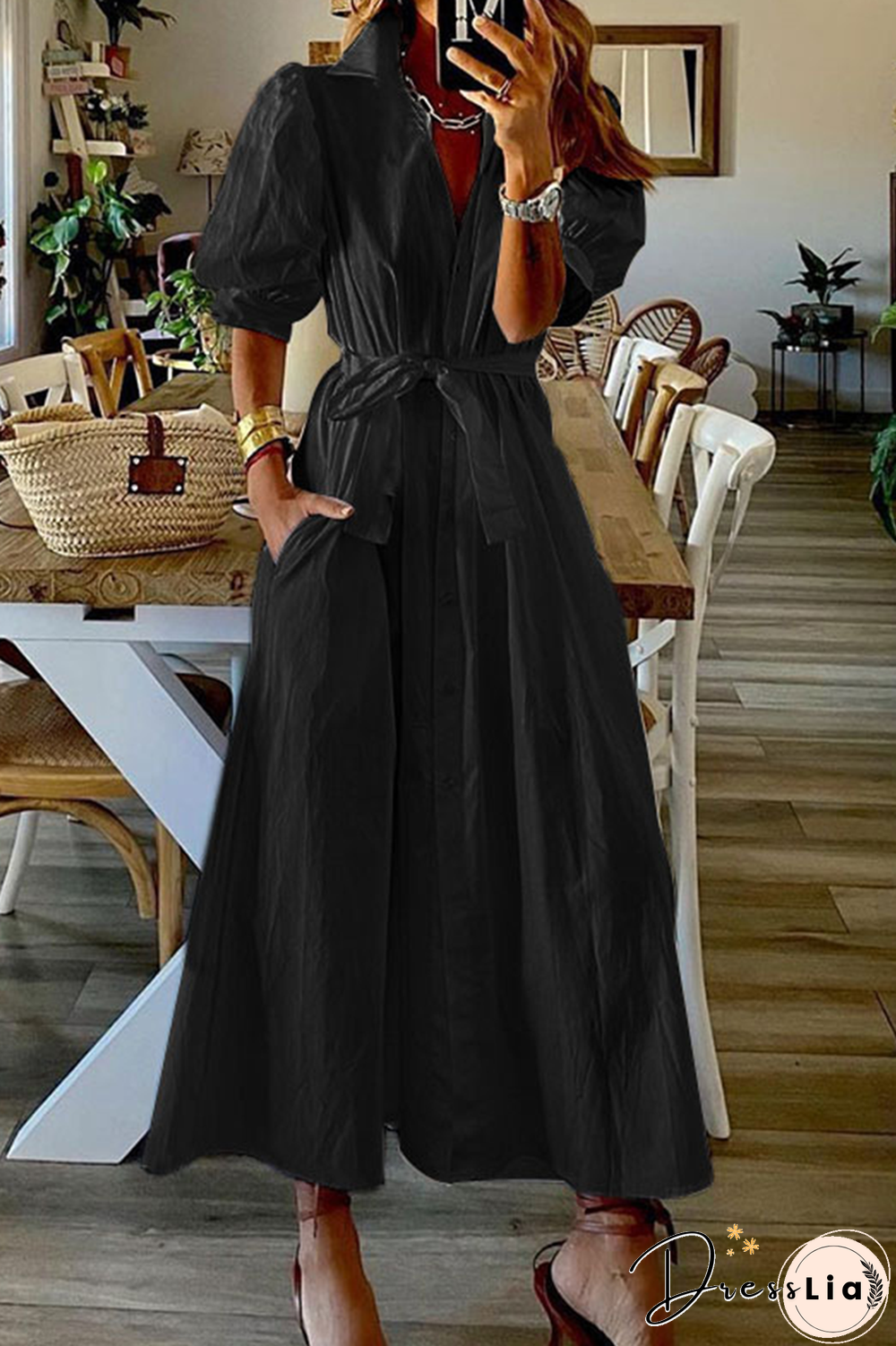 Casual Solid Patchwork Turndown Collar Shirt Dress Dresses