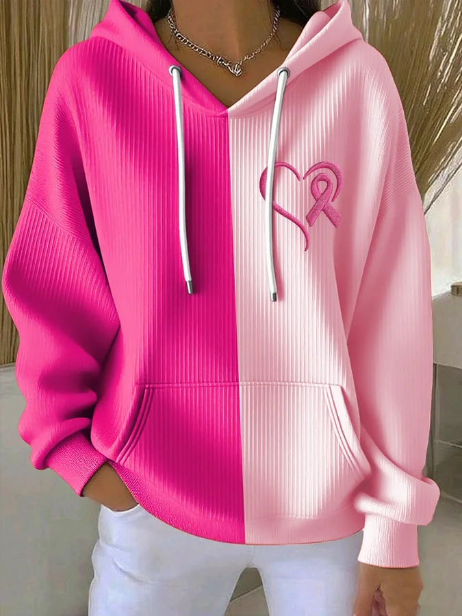 Women's Casual Contrasting Color Heart Ribbon Textured Hoodie 