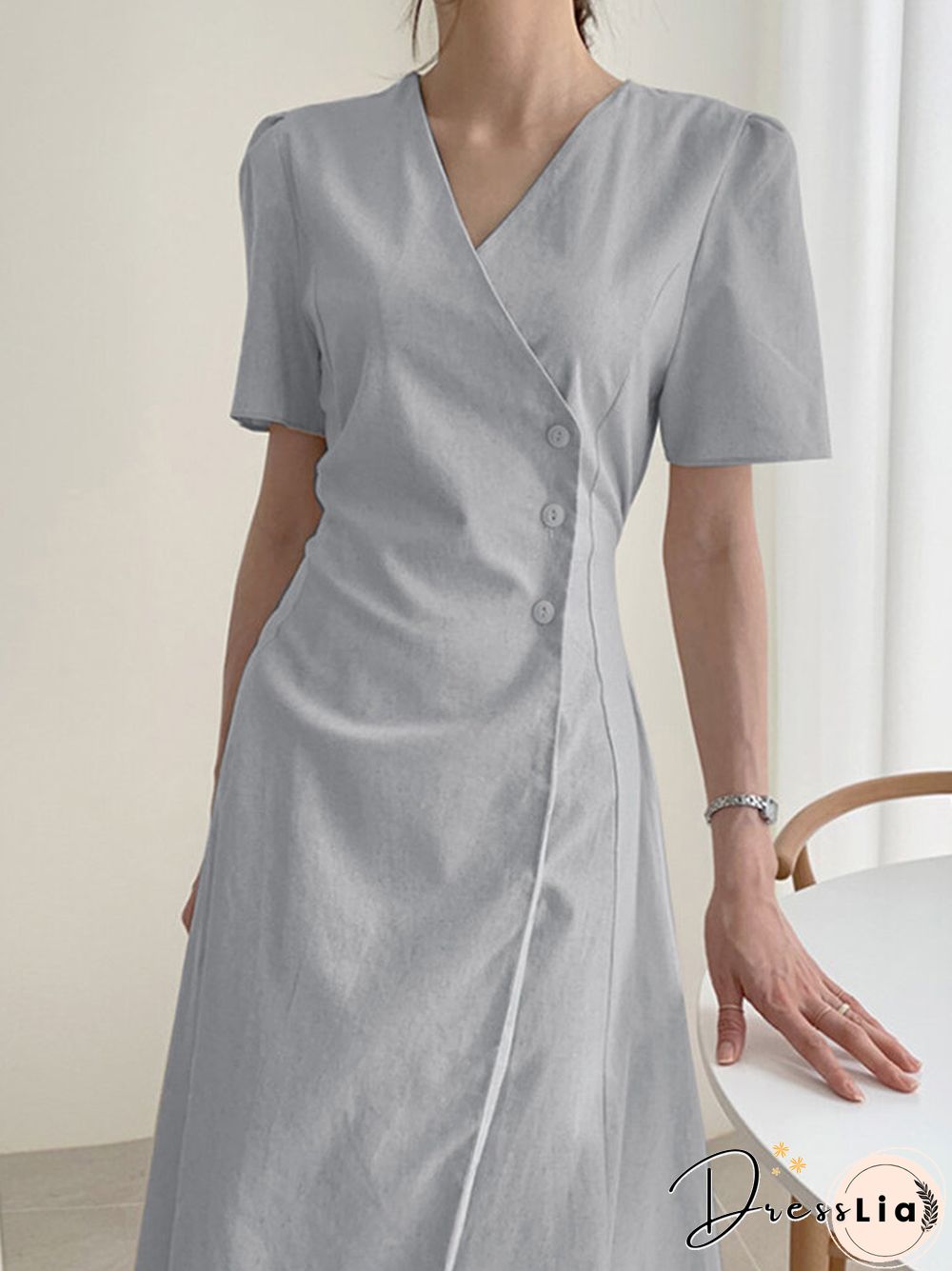 Solid Warp Button Front V-neck Short Sleeve Casual Dress