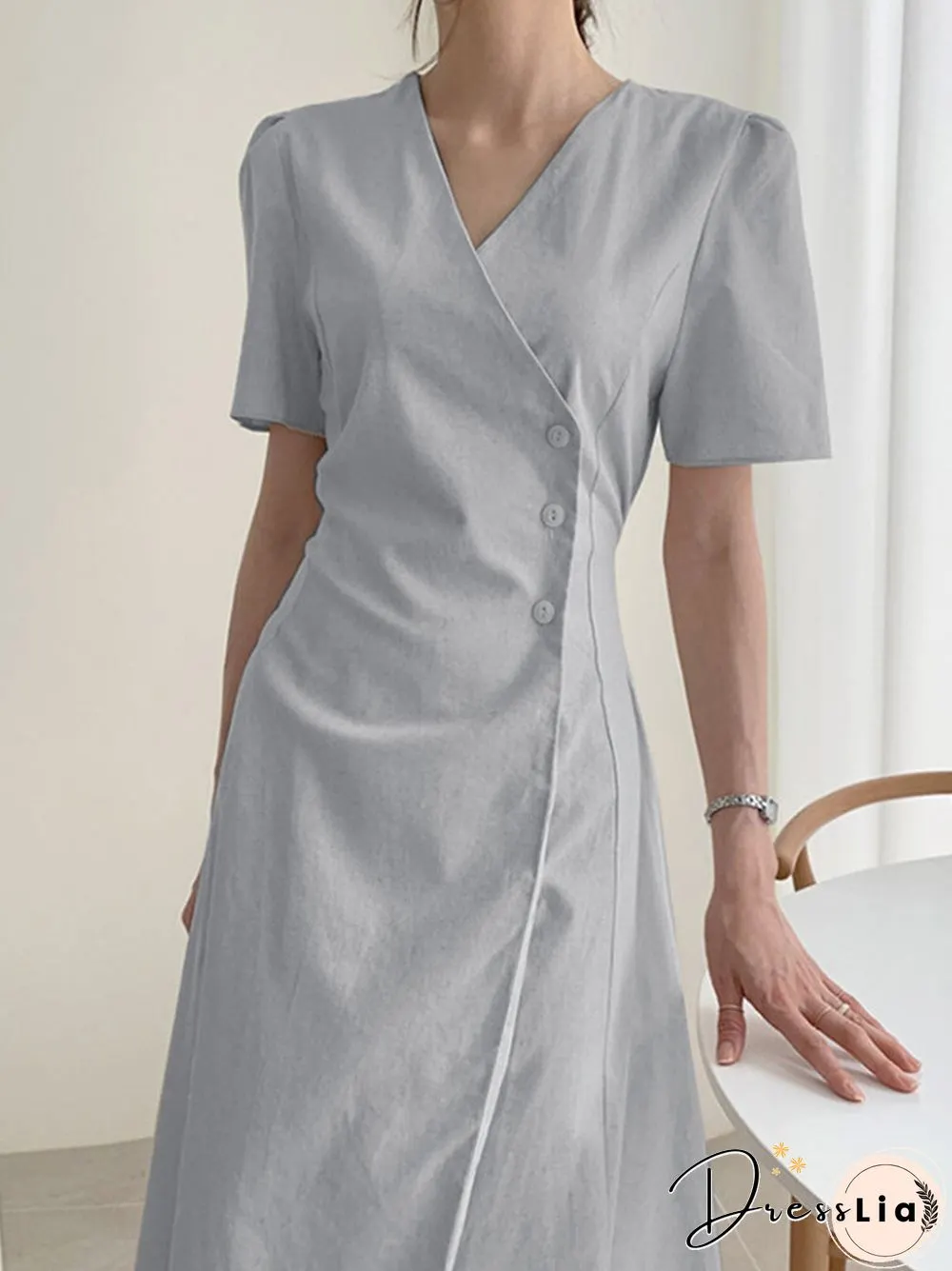 Solid Warp Button Front V-neck Short Sleeve Casual Dress