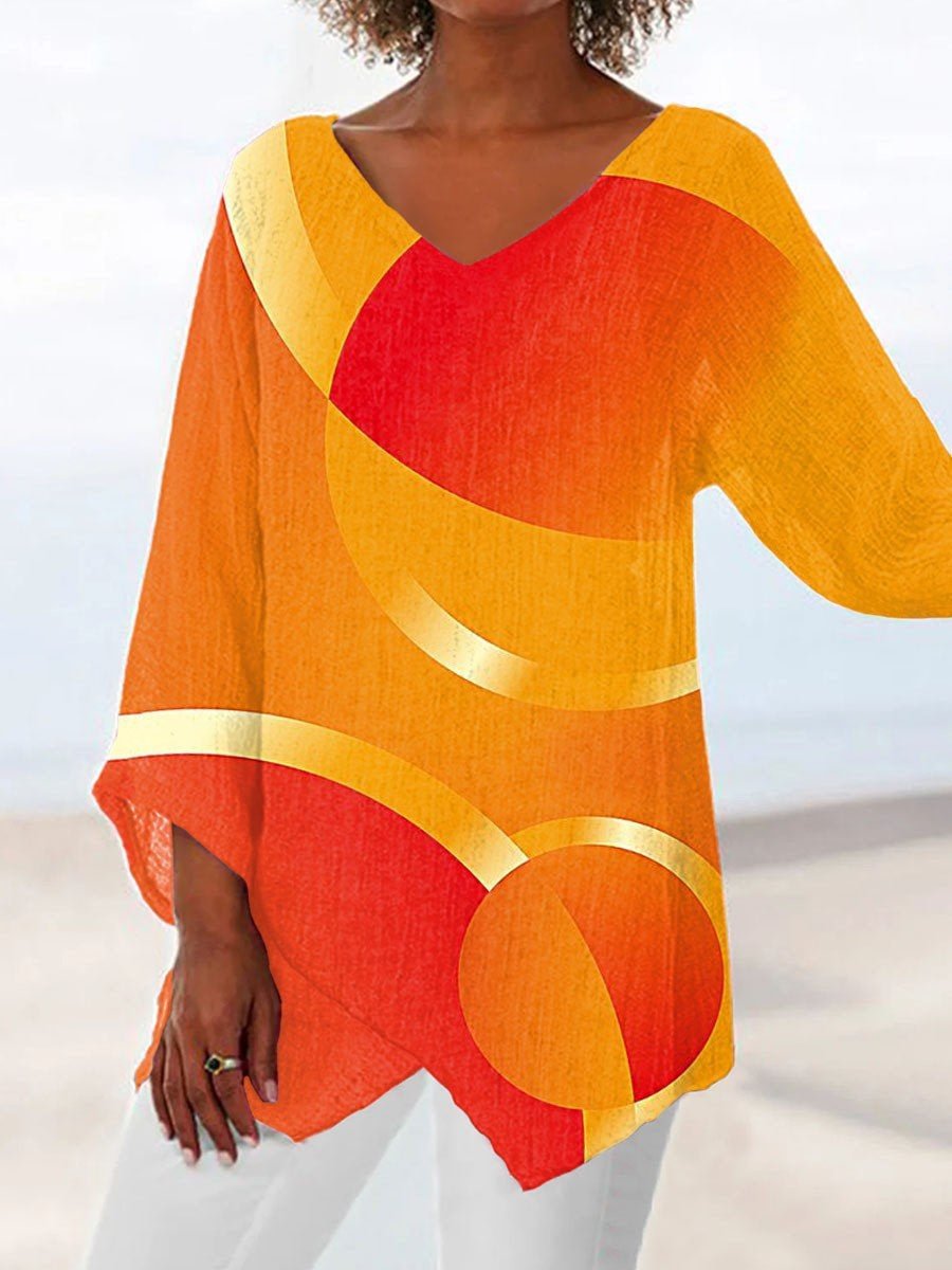 Women Asymmetrical 3/4 Sleeve V-neck Colorblock Graphic Top Dress