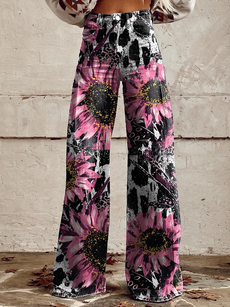 Women's Vintage Pink Sunflower Leopard Print Casual Wide Leg Pants