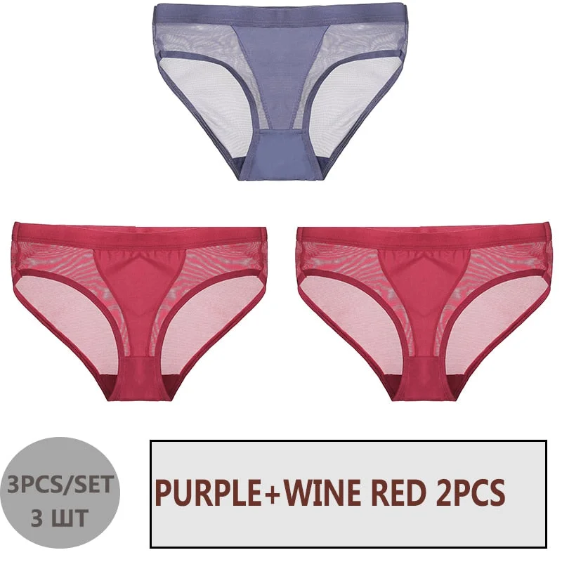 FINETOO 3PCS/Set Women Panties Sexy Mesh Lingerie Breathable Female Underwear For Woman Low-Rise Underpant Woman Panties Briefs