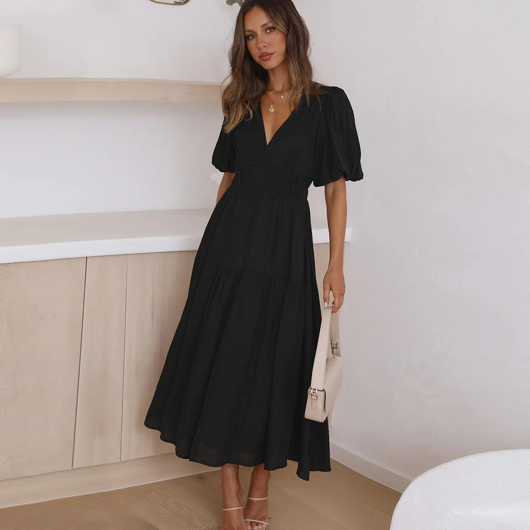 Brownm Summer Advanced Sense Vacation Style Deep V Puff Dresses