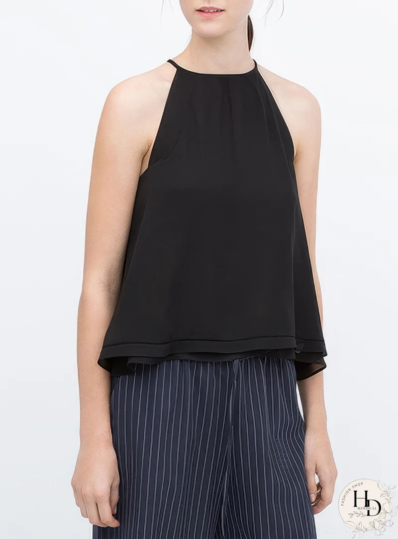 Blusa totalmente negra para mujer - Estilo halter / Tirantes