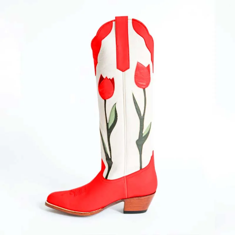 FSJ Red Chunky Heel Tulips Detail Knee High Cowboy Boots for Women