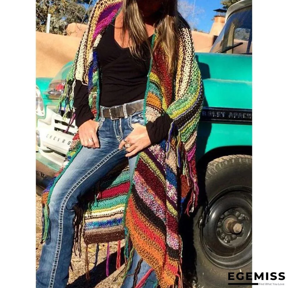 Color-Block Long Sleeve Tassel Knitted Outerwear | EGEMISS