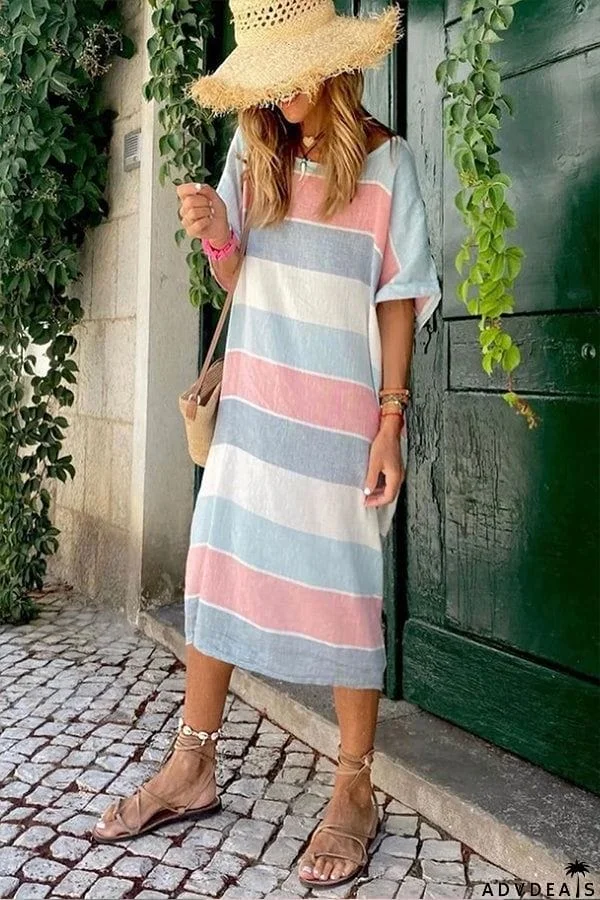 Multicolor Striped Color Block Loose Fit Half Sleeve Maxi Dress