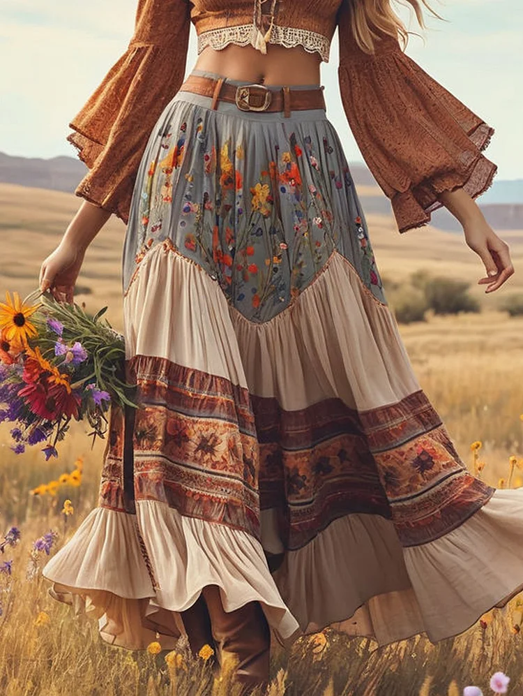 Ursime Boho Floral Print Colorblock Ruffle Hem Maxi Skirt