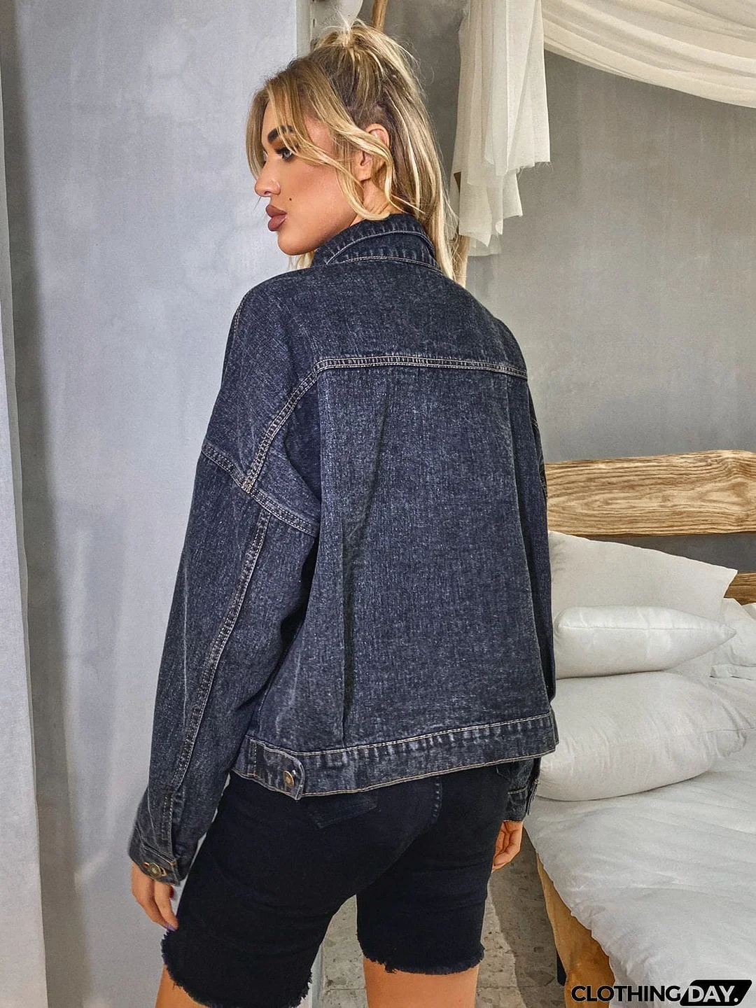 Collared Neck Dropped Shoulder Denim Jacket