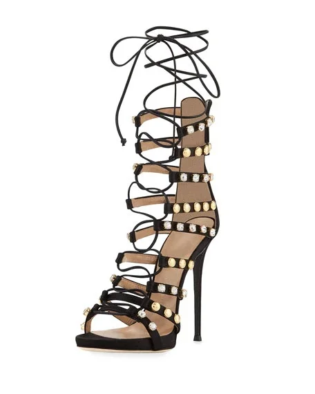 Black Strappy Sandals Lace up Rhinestone Stiletto Heels |FSJ Shoes