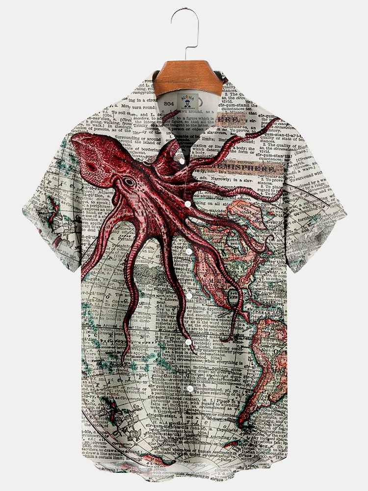 Octopus Ocean Map Pocket Short Sleeve Shirt