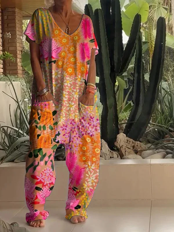 Casual Floral Print V-neck Jumpsuit