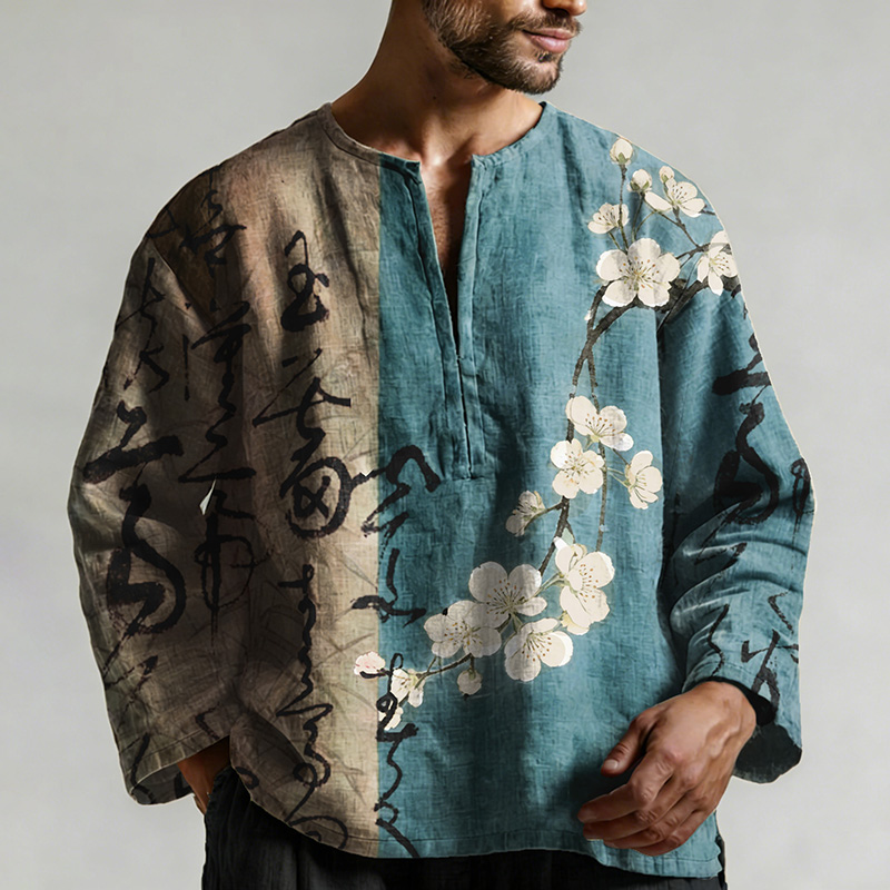 Retro Calligraphy With Apricot Blossom Art Pattern Long Sleeve Linen Shirt  artssus