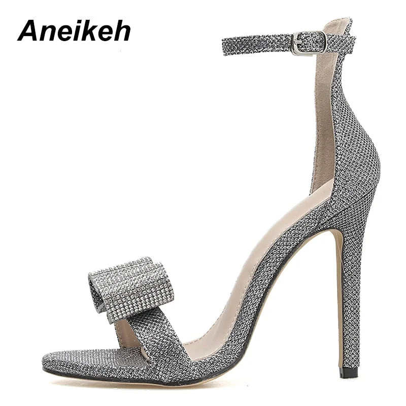 Aneikeh 2022 Summer Rhinestone Sandals Silvery Butterfly-knot Women Fashion High Heels Ankle Buckles Ladies Sandals Party Shoes