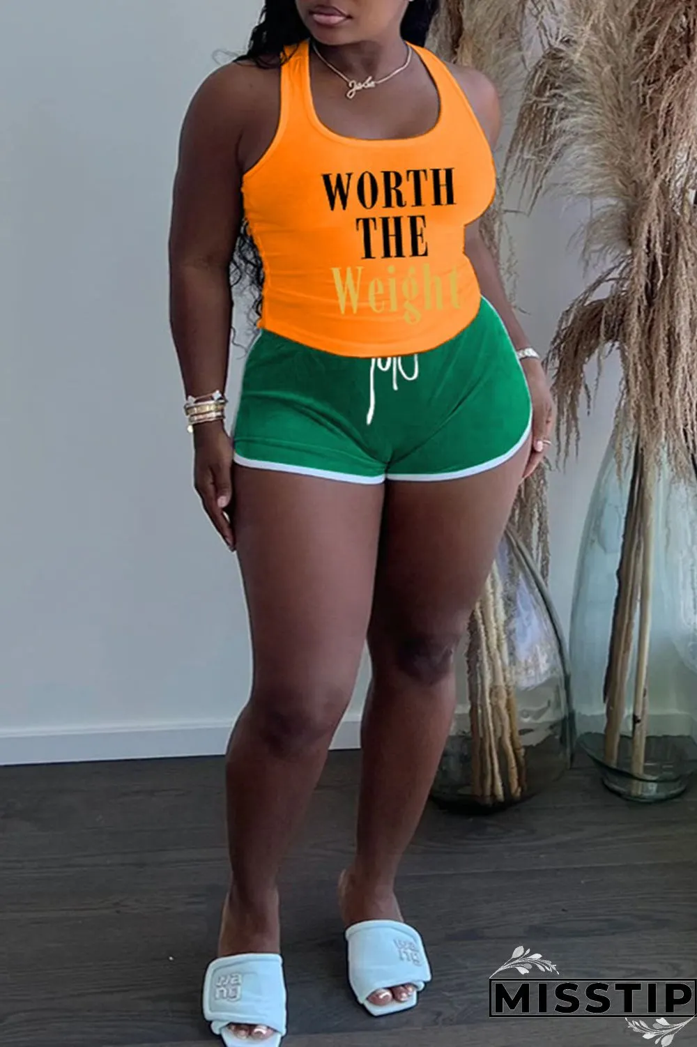 Khaki Casual Letter Patchwork U Neck Plus Size Two Pieces