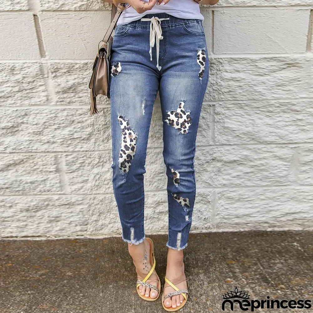 Women's Style Chic Leopard Patch Elastic Waist Slim Fit Denim Tight Pants