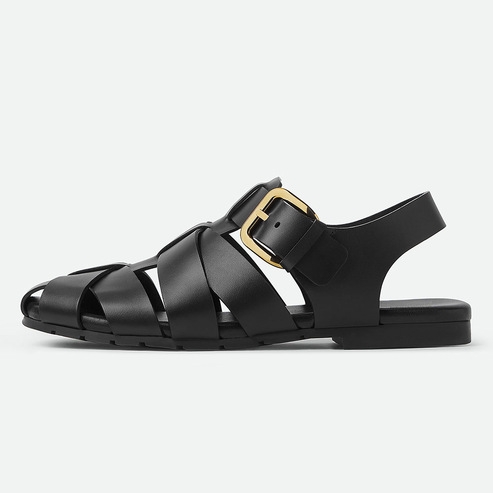 Black Fisherman Caged Buckle Ankle Strap Flat Sandals for Women Nicepairs
