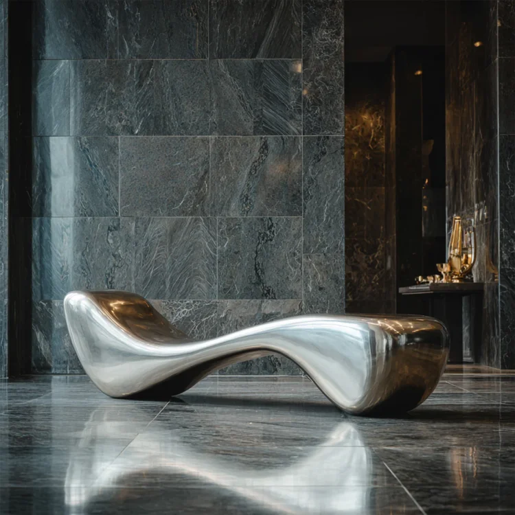 Sleek Polished Stainless Steel Lounge Bench Sculpture for Modern Luxury Spaces