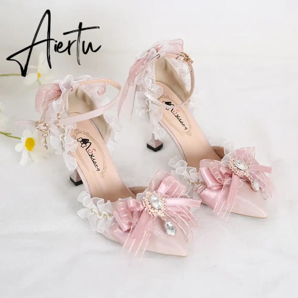 Aiertu Pink Sweet Cute Lolita Women High-Heeled Shoes Spring and Autumn Fashion Bow Diamond Pointed Sandals Fairy Style Party Pumps Aiertu