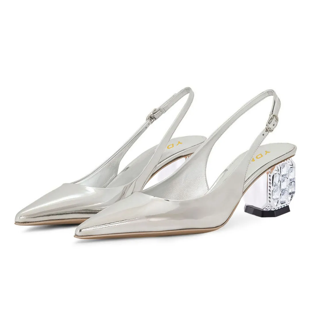 Metallic Finish Pointed Toe Rhinestone Pumps Heels in Silver