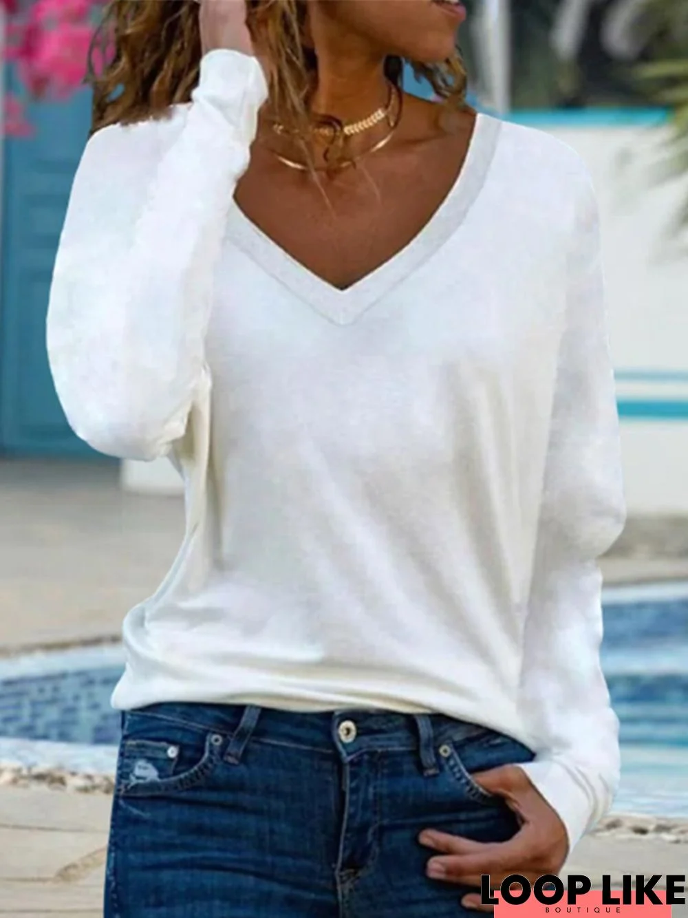 Casual Plain V neck Long sleeve Loose T-Shirt