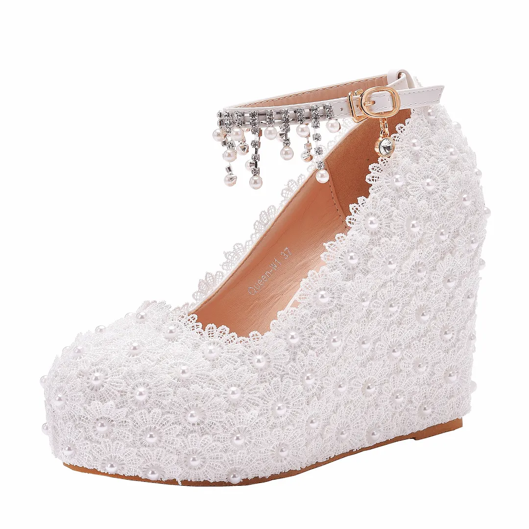 Breakj Breakj Lace Wedding Shoes Slope Heel Single Shoe Buckle With Slope Heel Waterproof Table Large Size Shoes Woman