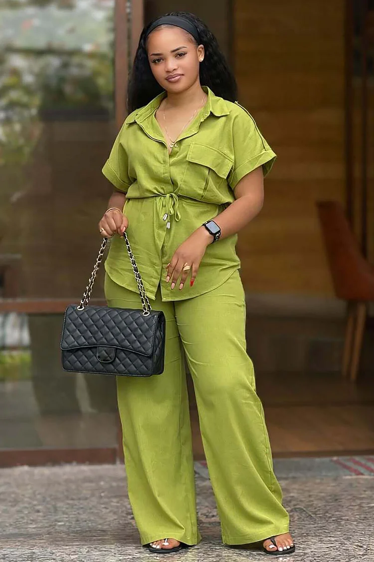 Short Sleeve Tie Up Blouse Solid Color Wide Leg Pants 2pcs Set-Green