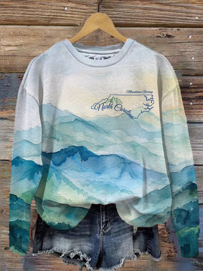 Women's North Carolina Together Mountain Strong Watercolor Art Print Casual Sweatshirt