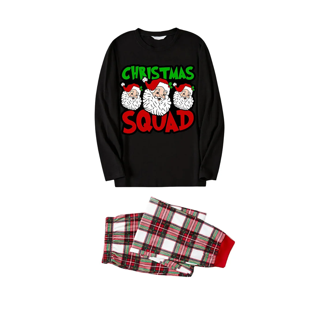 "Santa Squad" and Santa Claus Print Black Top with Red & White & Green Plaid Pants Family Matching Pajamas