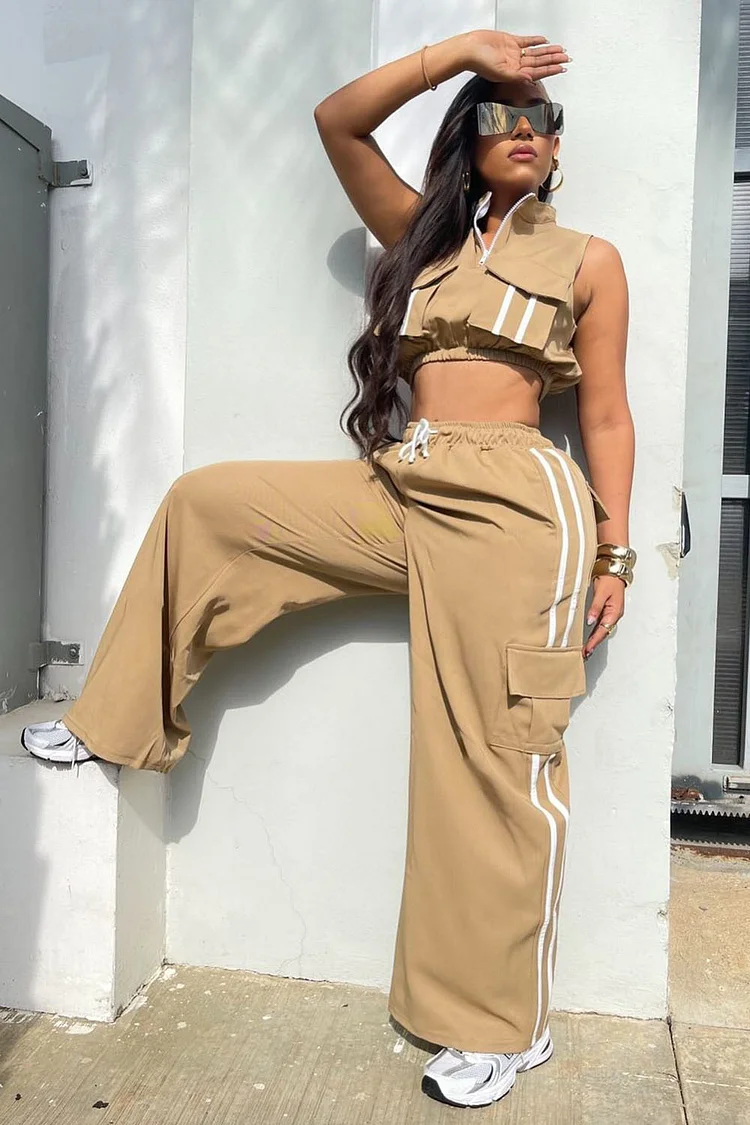 High Neck Zip-Up Vest Cargo Pocket Wide Leg Pants 2pcs Set-Khaki [Pre Order]