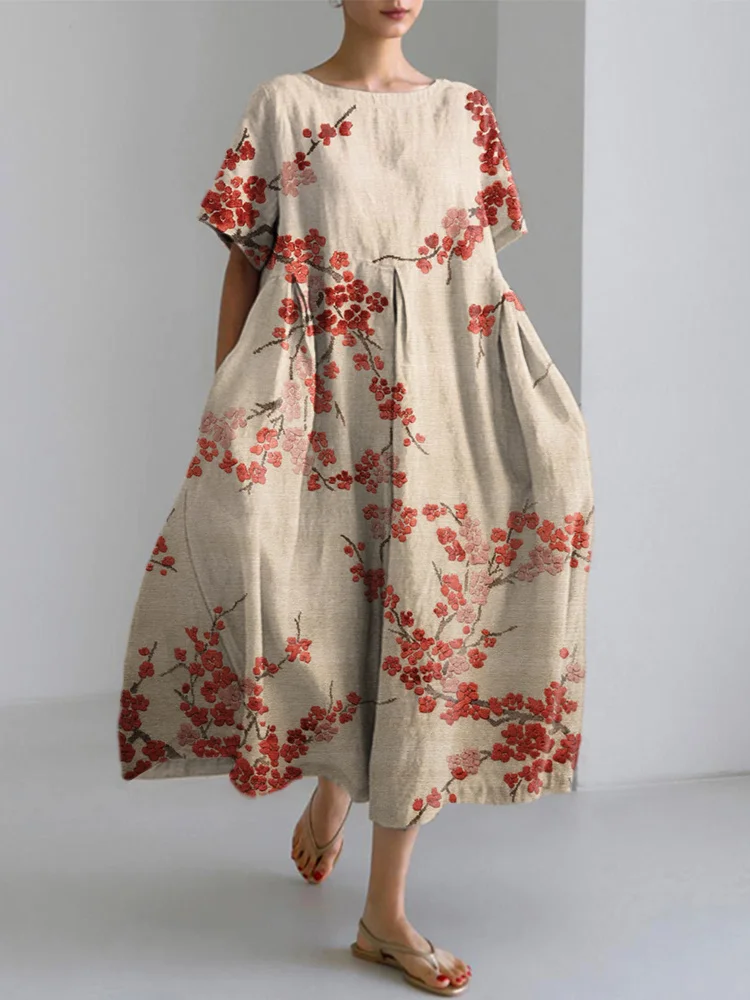 Comstylish Japanese Vintage Flower Print Linen Blend Dress