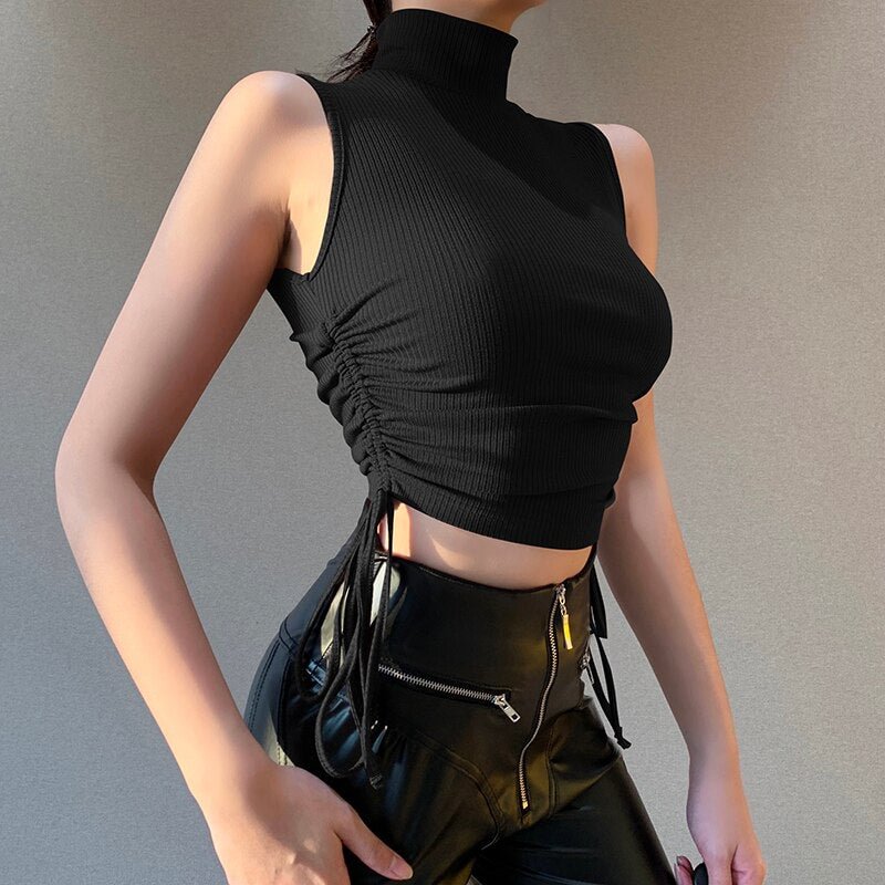 InstaHot Women Tank Top Knitted Drawstring Crop Top Solid Casual Sleeveless Summer Frill Vintage Streetwear 2021 Fashion Vest