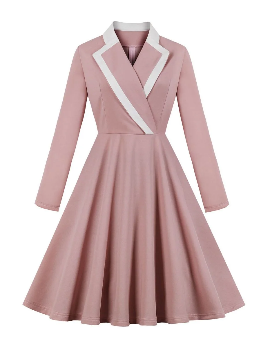 1940s Dress Sweet Pink Cross Collar Long Sleeve Swing Dress