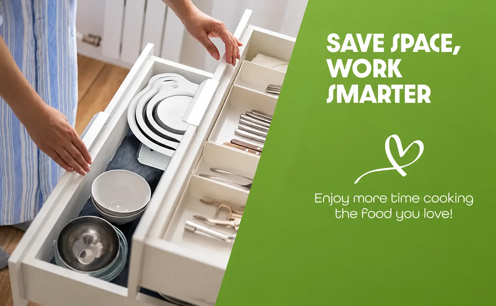 Collapsible colanders stored compactly in a kitchen drawer