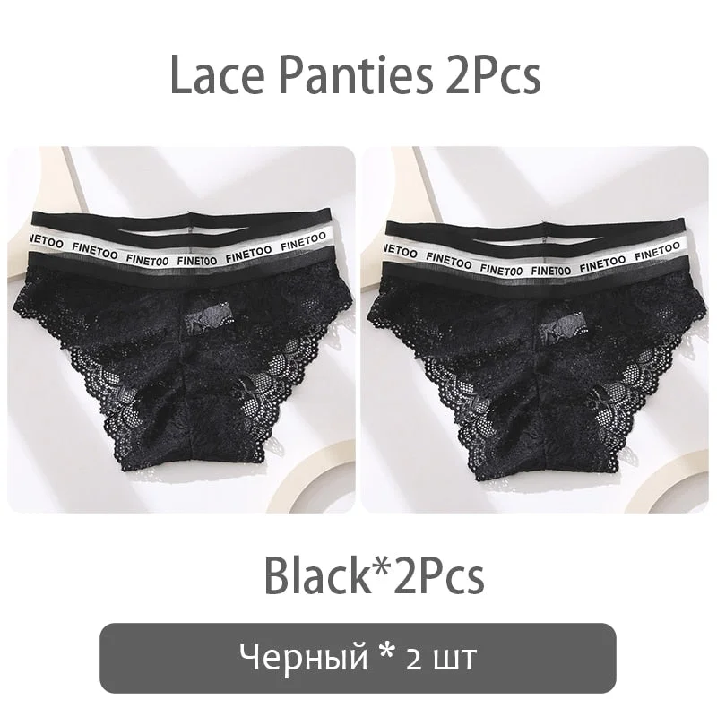 FINETOO 2Pcs Lace Panties Women Sexy Transparent Briefs Low Waist Floral Underwear Fashion Ladies Underpants L-2XL Girl Lingerie
