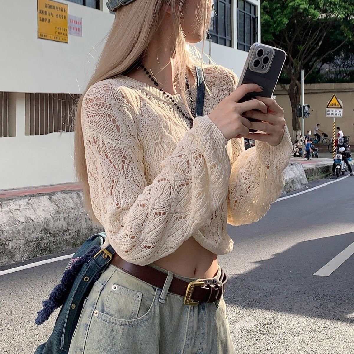 fall outfits women Korean Chic Long Sleeve Hollow-out Sweater Short Outer Blouse Slimming Niche Design Versatile Top