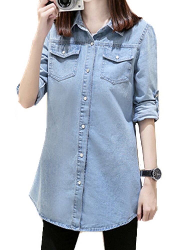 Casual Turn down Collar Long Sleeve Slim Denim Shirt P1363784