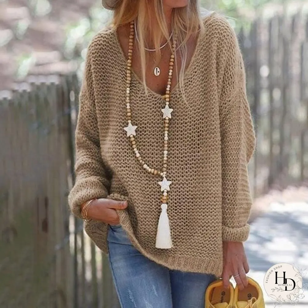 V Neck Loose Hollow Soft Sweater