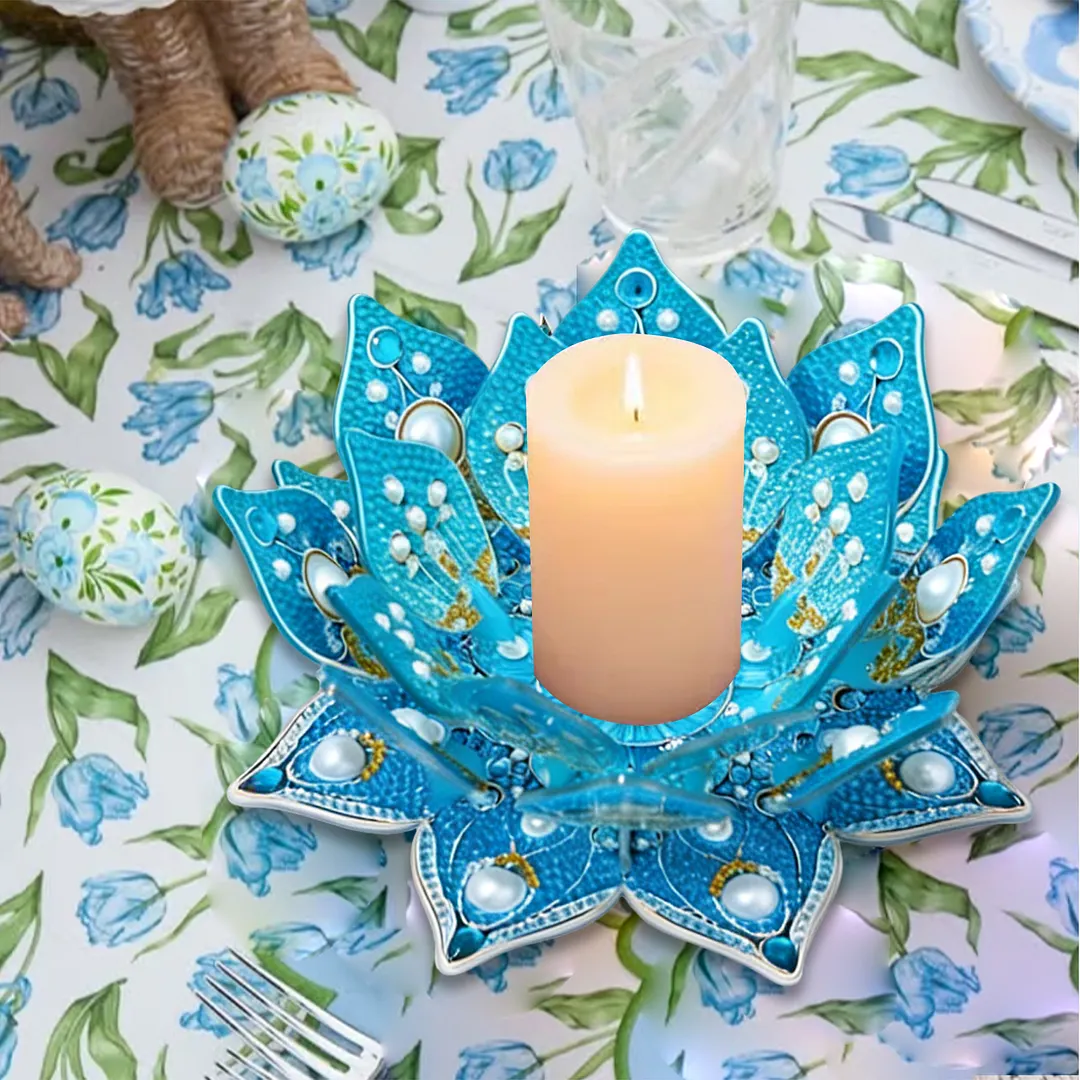Lotus DIY Diamond Art Painting Kits of Candle Holder Diamond Painting Candle Holder Kit Diamonds Paintings Candlestick Holder Kit for Aromatherapy & Home Decor (Blue)