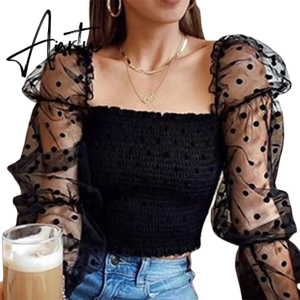 Sexy Women Wrinkled Backless Blouse Shirt Mesh Sheer Puff Sleeve Wrap Chest Tops Spring Summer Ladies Dots Blouse Aiertu