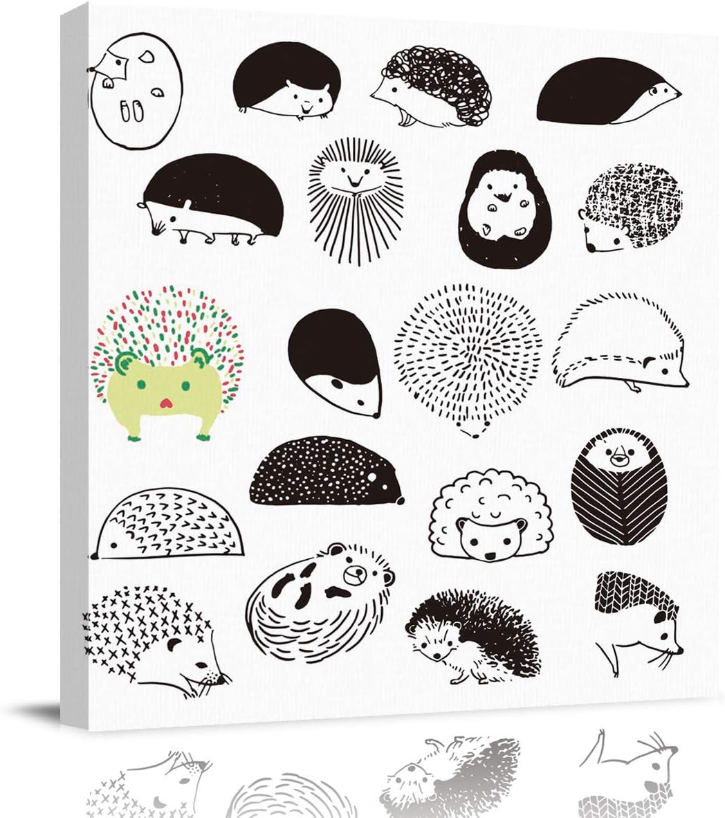 Canvas Print Wall Art Oil Paintings Cute Cartoon Drawing Hedgehog Picture Prints Artwork for Living Room Bathroom Bedroom,Stretched and Framed Ready to Hang, Hand Painted 28x28in