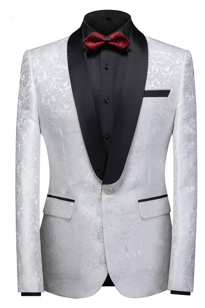 Glamorous White Jacquard One Buttons Wedding Tuxedo With Shawl Lapel