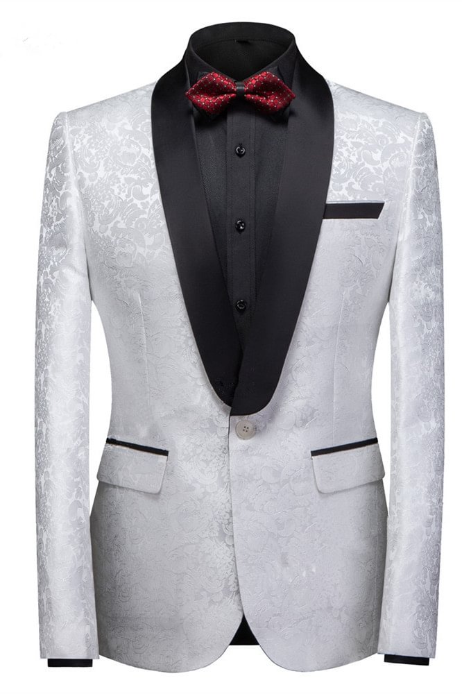Modern White Jacquard Shawl Lapel Wedding Tuxedo With One Button | Ballbellas Ballbellas